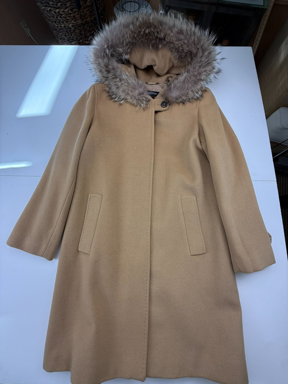 Company Ellen Tracey Fur Trim Hood Wool Coat Camel Sz 8